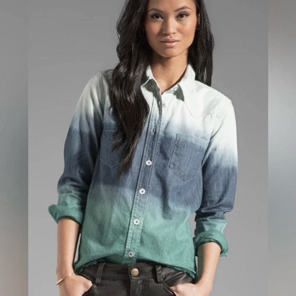 Free People Ombre Frayed Hem Chambray Denim Button Down Shirt Women M blue green
